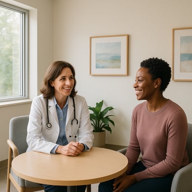 The image depicts a serene and organized healthcare environment featuring a welllit consultation room with a large window allowing natural light to flood in A round table is positioned in the center surrounded by comfortable chairs suggesting a space-3